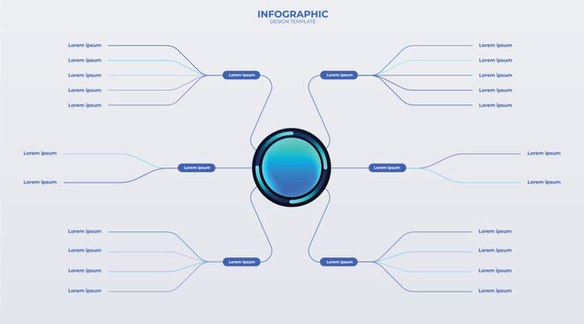 Futuristic business mind map featuring six option blocks, a technological layout, and a visual diagram. A modern design for organizing ideas, processes, data, strategies, interconnected digital tech