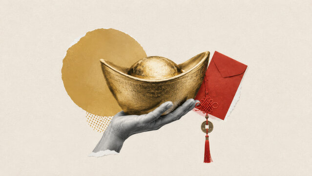 Hand holding a large gold ingot next to a red envelope with a tasselled coin charm in a minimal paper collage