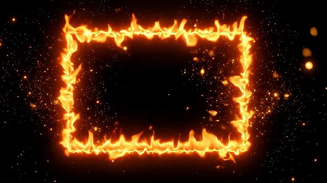 Abstract rectangular border frame made of bright burning fire flames on a black background.