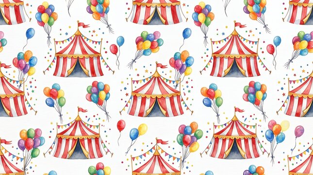 Seamless Pattern Featuring Watercolor Big Top Tent and Colorful Party Balloons Pattern Background circus tent balloon pattern seamless watercolor hand drawn festival carnival party celebration bright