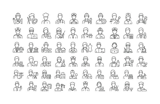 Professional Career Roles, line icon set, 60 clean outline icons including architect, artist, chef, doctor, driver, electrician, engineer, musician, nurse, plumber, police officer, programmer,