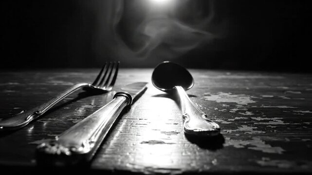 Dramatic black and white close-up of silverware on a weathered wooden surface with moody smoke-filled atmosphere