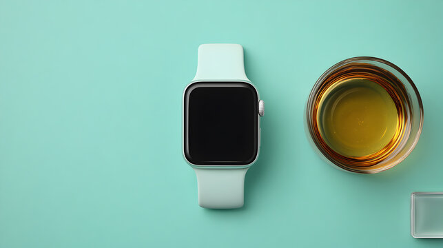Modern smartwatch with a glass of tea on a light green pastel surface