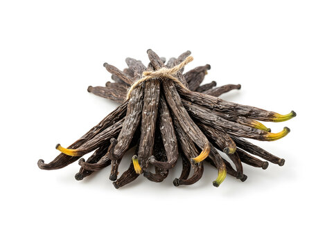 Dried vanilla bean pods bundle tied with string on white background for gourmet cooking and baking