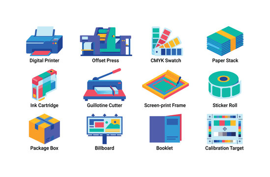 Printing Production Services, bright flat vector icon set featuring digital printer, offset press, CMYK swatch, paper stack, ink cartridge, guillotine cutter, screen-print frame, sticker roll, package