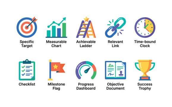 SMART Goal Framework, bright flat vector icon set featuring specific target, measurable chart, achievable ladder, relevant link, time-bound clock, checklist, milestone flag, progress dashboard,
