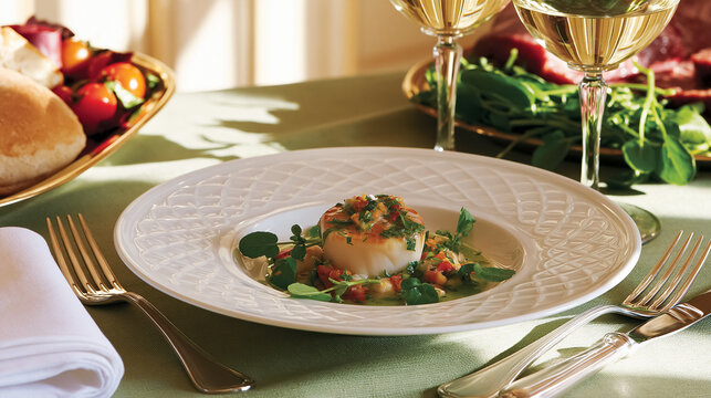 Seared scallop served as an appetizer, garnished with fresh herbs and vegetables, creating a delicious gourmet seafood dish