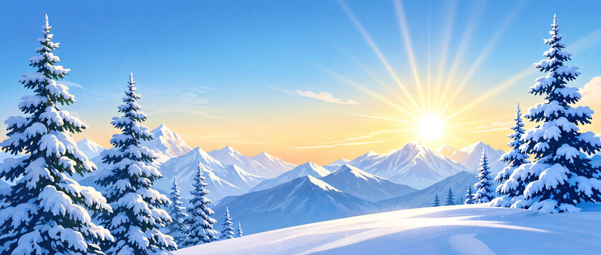 A blank ultra wide winter themed greeting card or banner with a snowy mountain landscape, pine trees, and radiant sun rays in a clear sky
