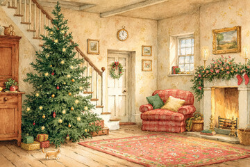 Naklejka premium Cozy Christmas living room interior, decorated fir tree with presents, glowing fireplace, and a cat exploring holiday ambiance in watercolor fine art