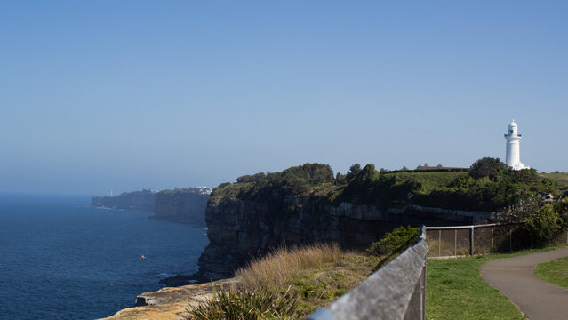 Macquarie Lighthouse on coastal cliffs at The Gap in Watsons Bay Sydney New South Wales Australia with ocean landscape view