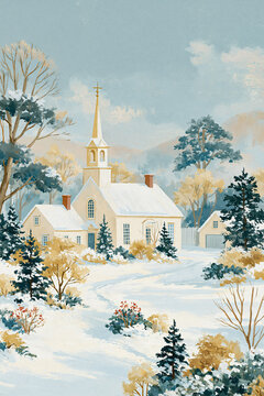 Winter scene depicting a charming village church with a steeple, covered in snow, creating a peaceful and serene Christmas landscape