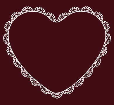 White bold eyelet scallop lace heart border with broderie anglaise perforated cutwork trim encloses romantic center. on burgundy as classic vintage frame for wedding valentine invitations or labels.