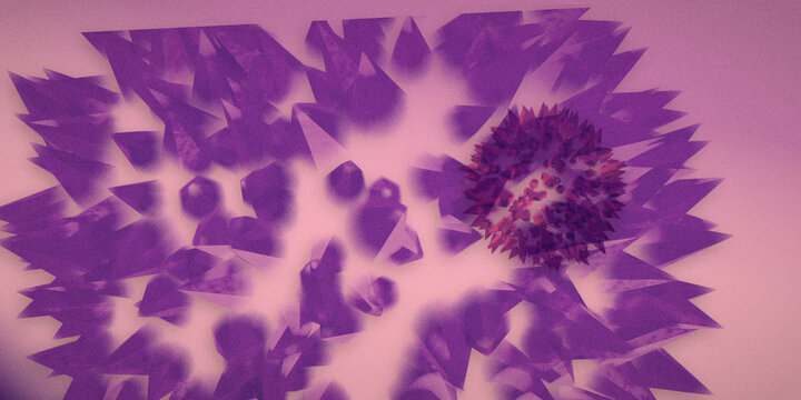 Grainy duotone abstract artwork with geometric crystal shards and a spiky orb on a soft gradient field. Retro posterized digital texture in purple and pink tones.