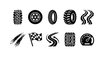 Obraz premium Off Road Tire Tracks, solid glyph icon set featuring tire tread, wheel, motorcycle tire, truck tire, muddy track, skid mark, rally flag, road curve, traction chain, and speedometer, covering