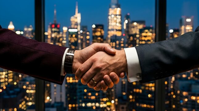 Professional business partners performing firm handshake while overlooking illuminated city skyline at vibrant night time setting