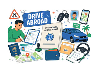 Fototapeta premium International Driving Permit. A clean editorial banner showing a traveler applying for an oversized permit booklet beside a rental car and passport, with a driver license, car key, road map,