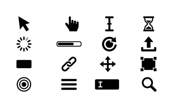 Cursor Interface Symbols, solid glyph icon set featuring mouse cursor, hand pointer symbol, loading spinner, click button, link icon, drag arrows, selection box, touch target, covering web UI,