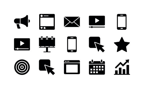 Digital Advertising Campaigns, solid glyph icon set featuring megaphone, social media post, email envelope, video player, billboard, mobile ad, target, PPC cursor, rating star, blog window, content