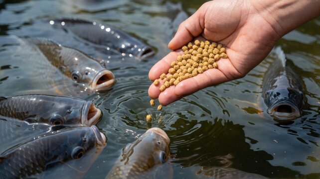 A person feeds pellets to several hungry carp fish gathering near the surface of the pond water.