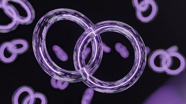 Abstract 3D render of glowing purple interconnected rings and molecular structures.