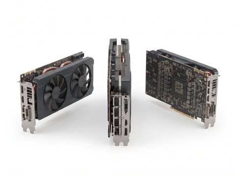 Three Graphics Cards on White Background