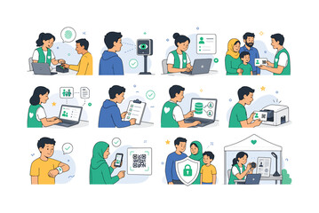 Fototapeta premium Biometric Aid Registration. Humanitarian enrollment, fingerprints, iris scans, laptops, beneficiary cards, family profiles, databases, printing, wristbands, QR codes, privacy, tents, cameras, and