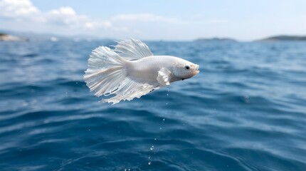 Obraz premium A stunning pure white betta fish leaps gracefully above deep blue ocean waves under a bright partly cloudy sky, creating a magical and serene aquatic moment.