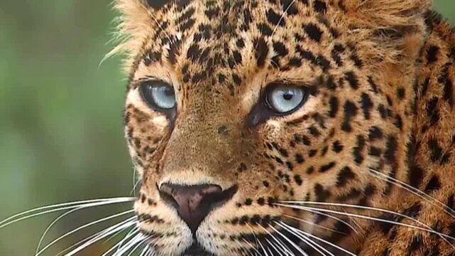 Close up portrait of a wild leopard resting in the African savanna wilderness.