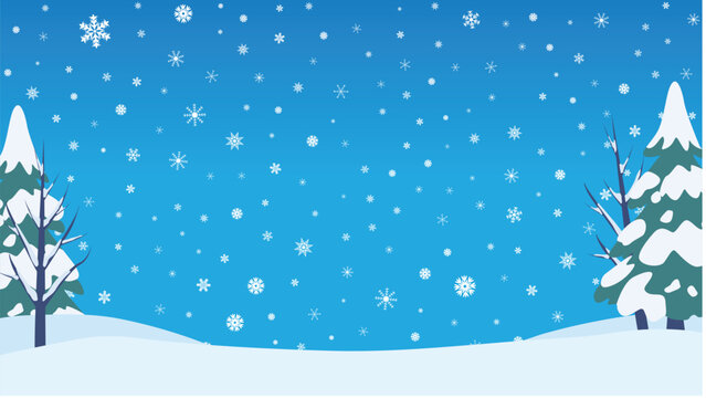 A flat design vector illustration of a winter scene featuring snow-covered pine trees, bare branches, and falling snowflakes against a bright blue sky.