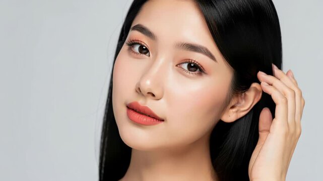 Radiant Beauty: A young Asian woman with flowing black hair and captivating eyes gazes into the camera, her flawless complexion and gentle smile radiating confidence and allure.