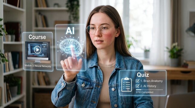 Young woman wearing glasses and denim jacket interacts with glowing digital holographic panels showing artificial intelligence course content video modules and progress quiz inside room