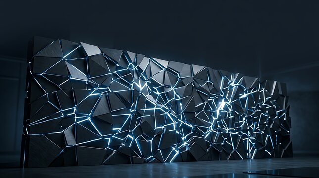 Abstract geometric low poly wall art with glowing edges in dark room.