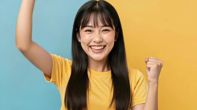 Joyful Celebration: A young woman beams with happiness, her arms raised in a gesture of triumph, celebrating a moment of pure elation.