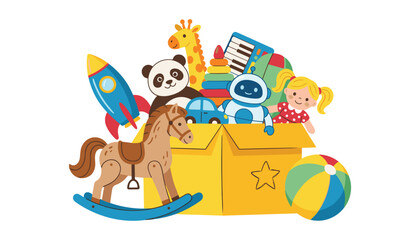 Cardboard toy box overflowing with kids toys including rocking horse rocket doll panda giraffe robot piano and colorful ball vector © Ruma