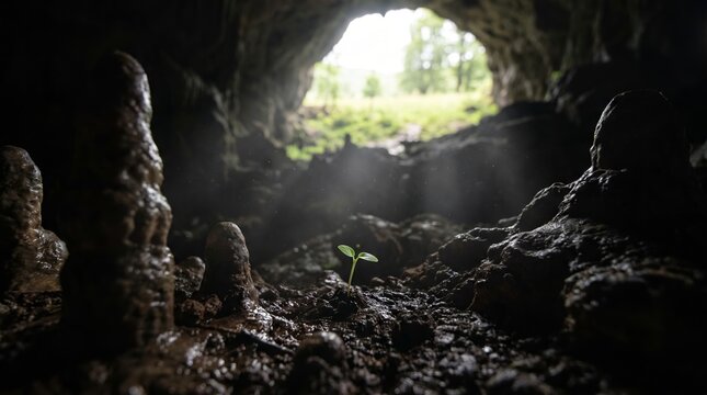 Tiny green sprout grows in dark cave, sunlight beams through opening. Mossy rocks surround fragile plant, nature's resilience shines. Scene symbolizes hope, rebirth, or overcoming darkness