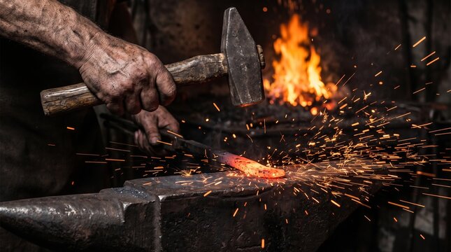 Skilled blacksmith strikes glowing metal on anvil. Sparks fly in fiery burst. Strong hands control hammer with precision. Background shows burning forge. Image captures intense craftsmanship moment