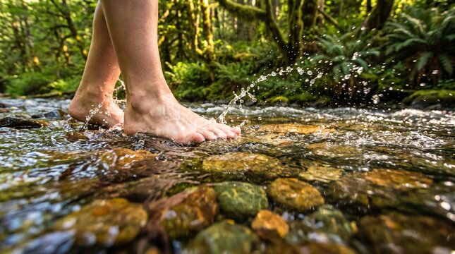 Bare feet step gently on clear, shallow creek stones. Water splashes around toes, creating a refreshing, peaceful moment. Lush green forest surrounds the stream, enhancing the natural serenity