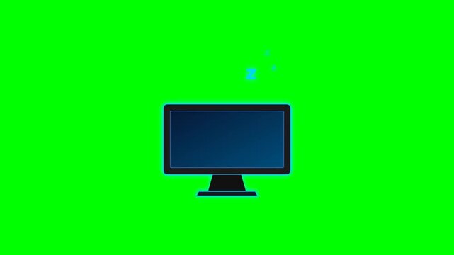 Neon Glowing Computer Monitor Icon with Sleep Mode Animation and Symbols on Green Screen Background