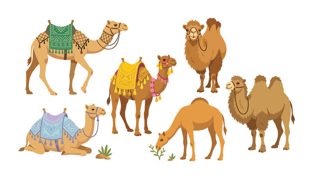 Camel vector element illustration set featuring single and double hump camels with ornate traditional decorated saddles