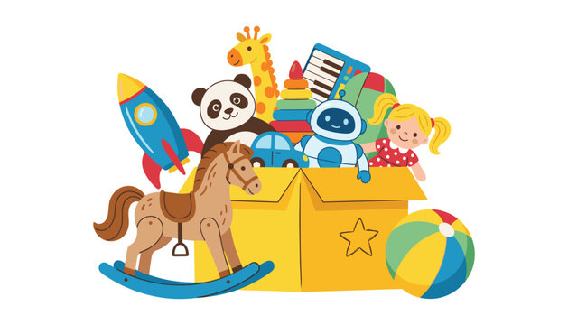 Cardboard toy box overflowing with kids toys including rocking horse rocket doll panda giraffe robot piano and colorful ball vector