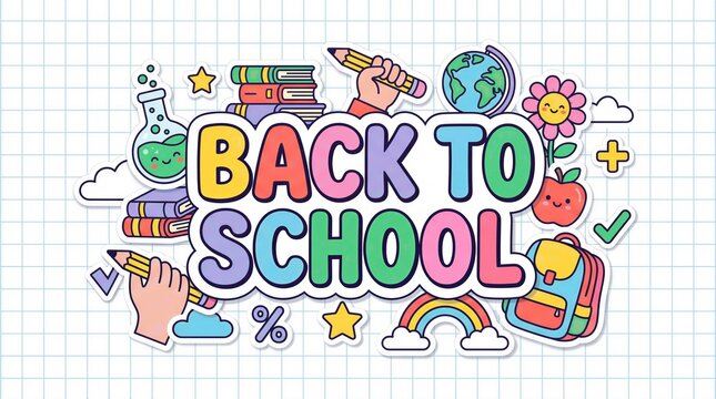Colorful collection of cute school supplies and educational icons including books, a globe, and a backpack on a blue graph paper background for back to school season.