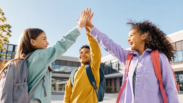 Group of happy students wearing backpacks celebrate together with high fives outside a contemporary school campus during a bright day.