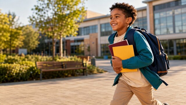 Happy young boy with curly hair carries a backpack and notebooks while walking through a sunny school campus during the autumn season.