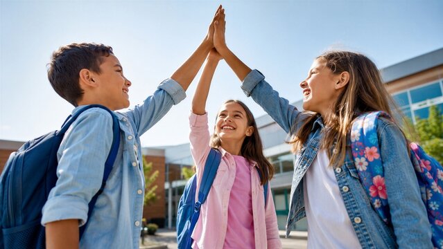 Three happy diverse school children wearing backpacks celebrate their success with a high five outdoors on a sunny day.
