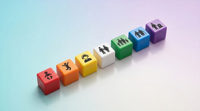 Colorful cubes with icons representing different stages of human life and development arranged in a diagonal line.