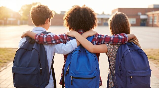 Three young students stand together with their arms around each other's shoulders while wearing backpacks in a schoolyard at sunset.