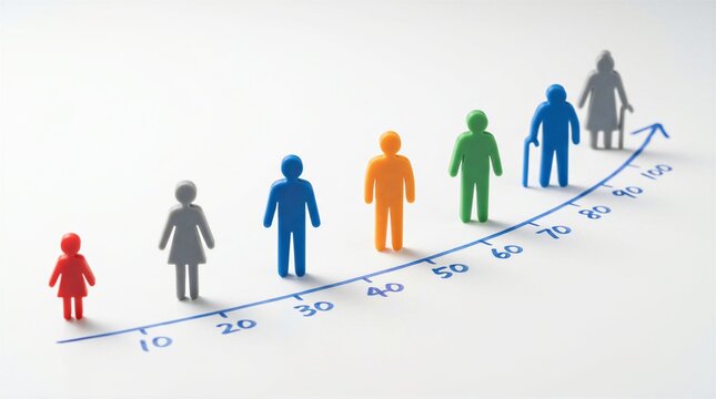 Series of colorful plastic human figures stands on an ascending blue line graph representing the stages of life from childhood to old age.