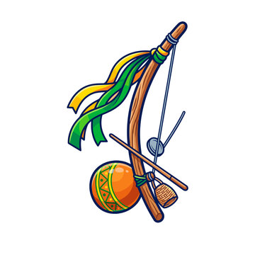 vector Berimbau musical instrument with colorful ribbons and drum, traditional Brazilian percussion for Capoeira on transparent background