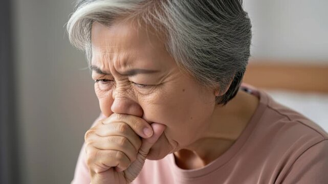 Elderly Woman Coughing: An elderly Asian woman with grey hair is suffering from a cough, covering her mouth with her hand, her face contorted in discomfort.