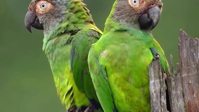 Two green parrots perched on a wooden fence in the wild, tropical bird wildlife footage.
